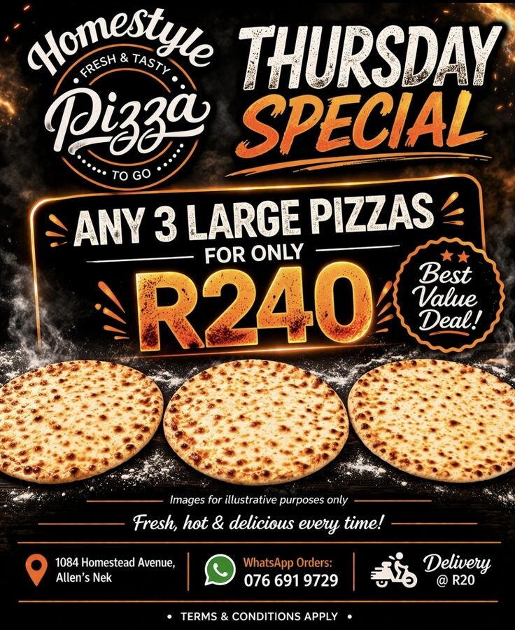 Thursday Special: any 3 large pizzas for only R280